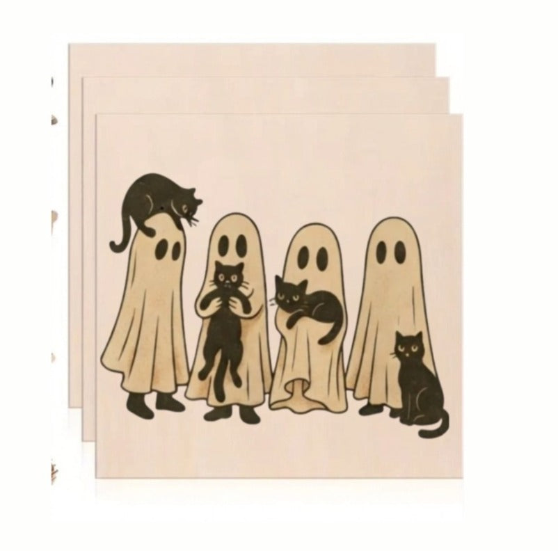 Cute Ghost & Black Cat Halloween Wooden Sign - Spooky Sheet Ghost Wall Art Plaque