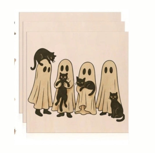 Cute Ghost & Black Cat Halloween Wooden Sign - Spooky Sheet Ghost Wall Art Plaque (10x10 Inch)