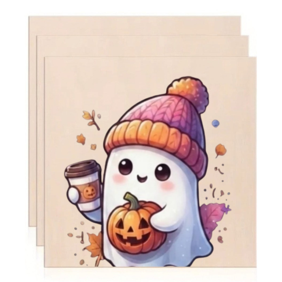 Cute Ghost with Coffee & Pumpkin Wooden Art Print – Cozy Fall Halloween Beanie Ghost Sign