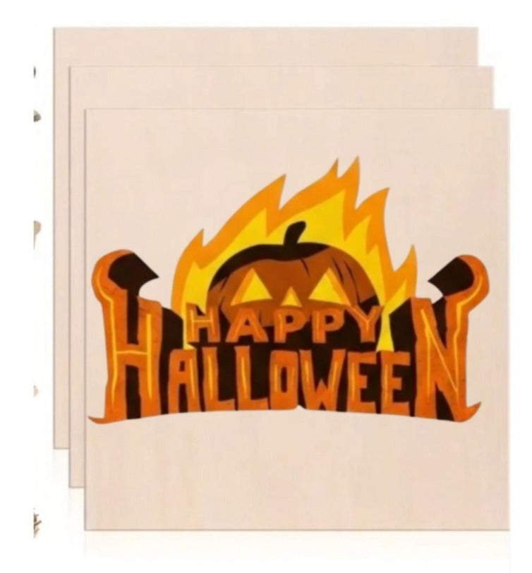 Flaming Pumpkin Happy Halloween Wooden Art Print – Spooky Jack-o'-Lantern Wooden Sign