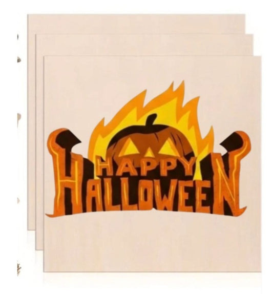 Flaming Pumpkin Happy Halloween Wooden Art Print – Spooky Jack-o'-Lantern Wooden Sign