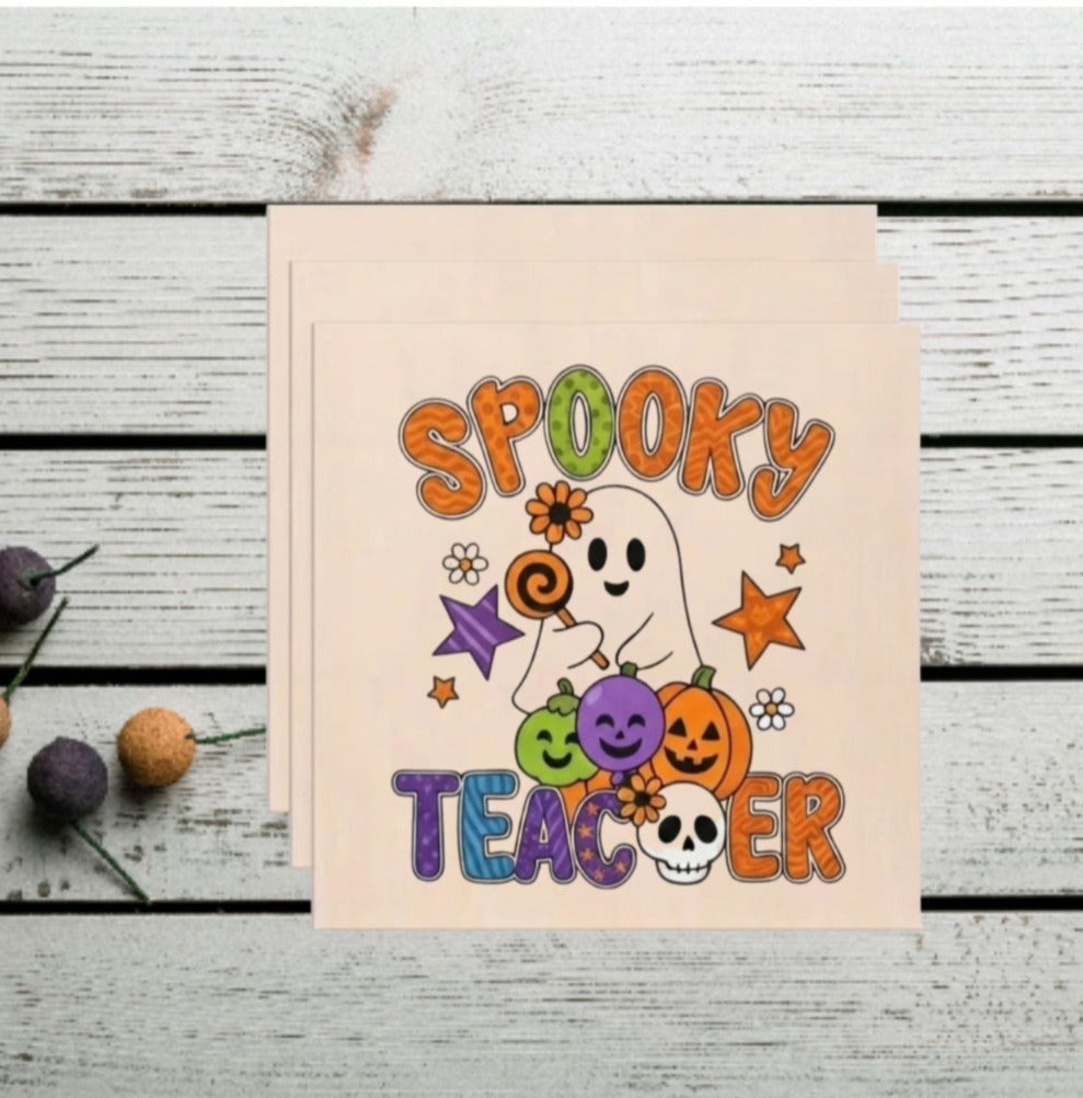 Cute Spooky Teacher Halloween Wooden Wall Art Plaque - Retro Ghost & Pumpkin Fall Decor