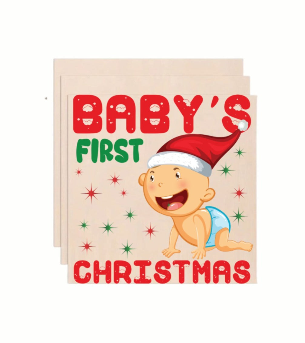Baby's First Christmas Cute Santa Hat Wooden Art Print - Holiday Wall Decor (10x10 Inch)