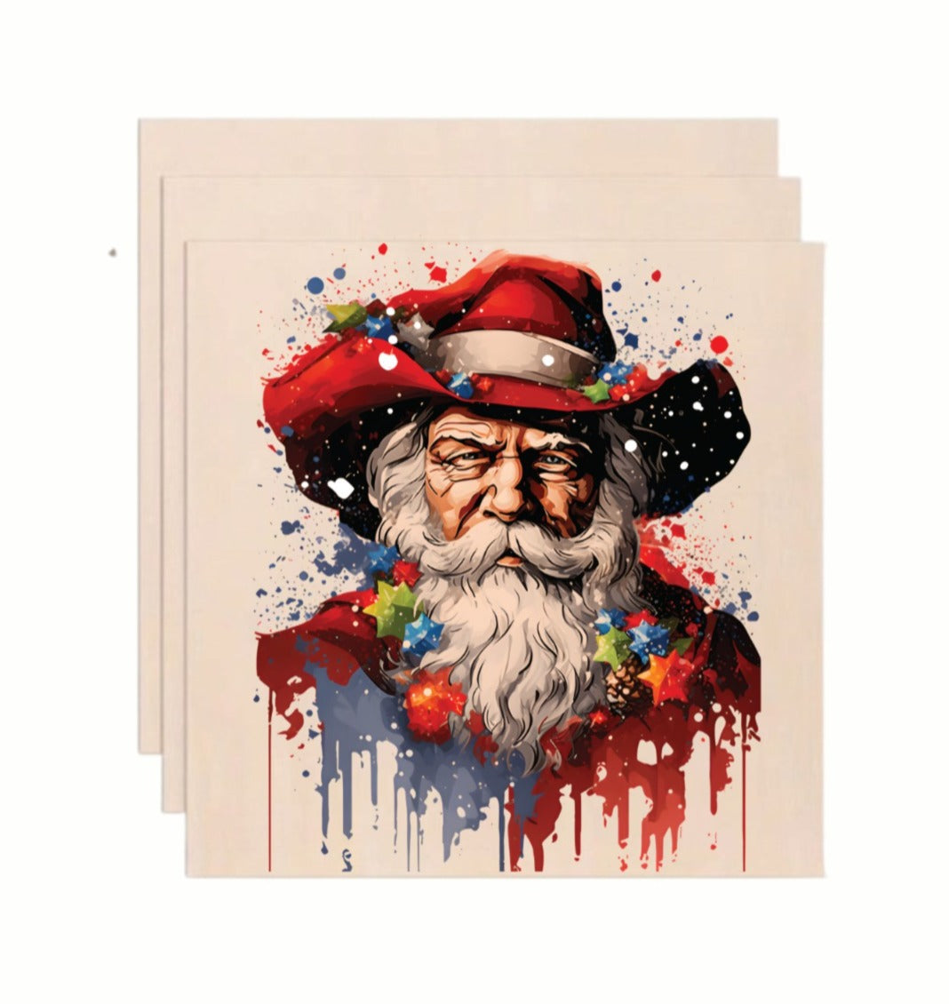 Patriotic Western Santa Claus Hat Paint Drip Wooden Art Print - Holiday Wall Decor (10x10 Inch)