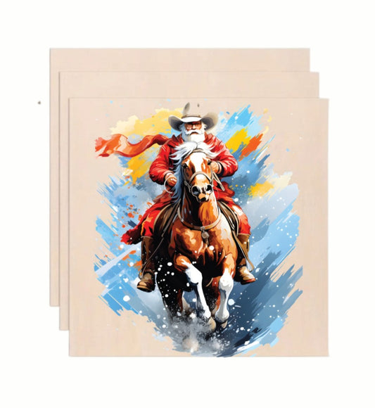Cowboy Santa Riding Horse Western Watercolor Wooden Art Print - Country Holiday Wall Decor (10x10 Inch)