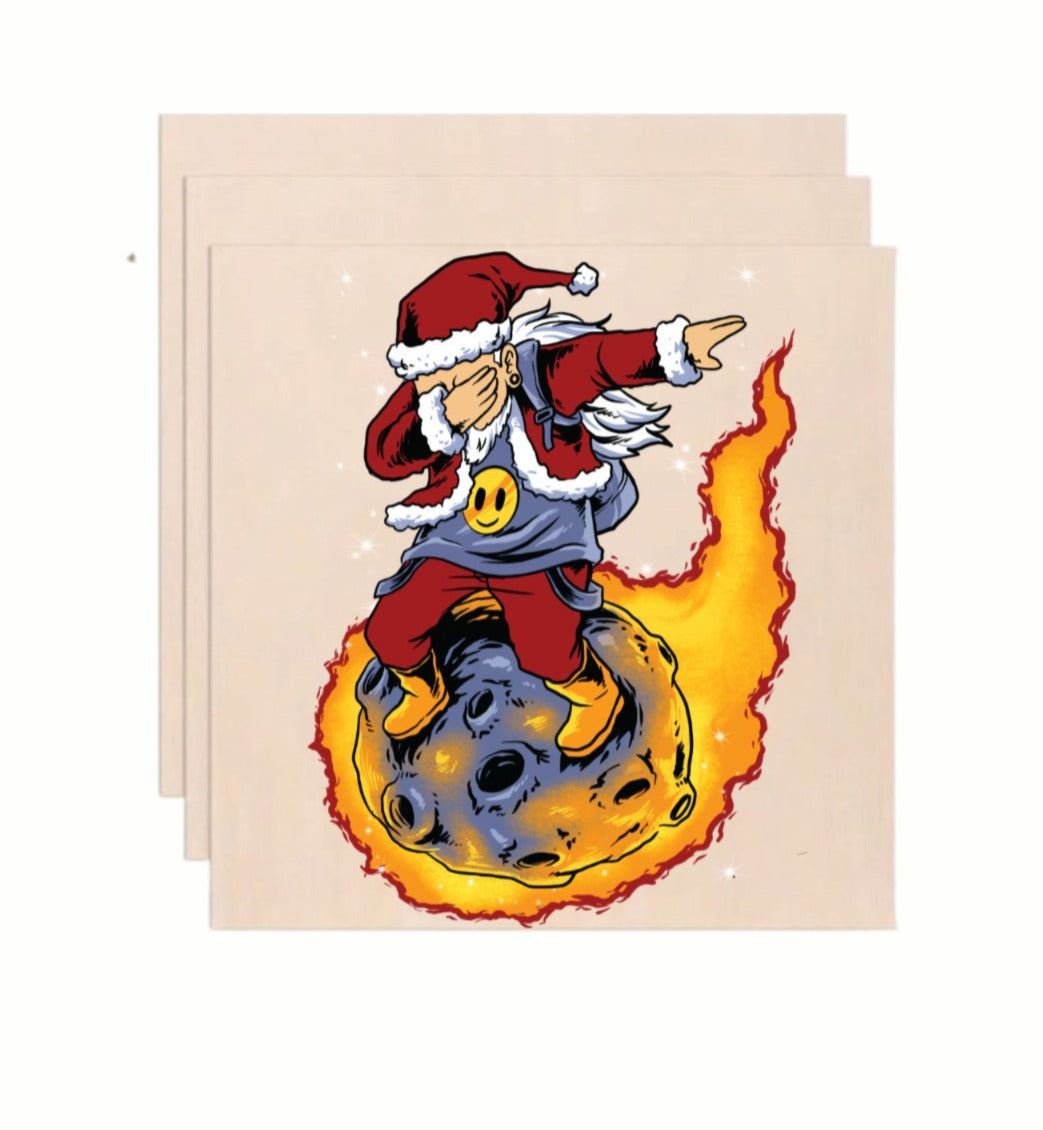 Dabbing Santa Surfing Flaming Meteor Wooden Art Print - Retro Holiday Wall Decor (10x10 Inch)