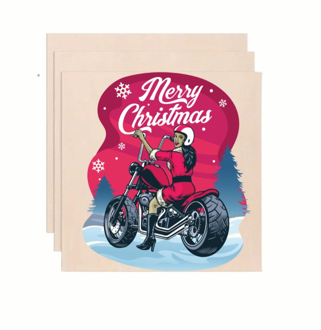 Merry Christmas Biker Santa Girl Motorcycle Wooden Art Print - Retro Holiday Wall Decor (10x10 Inch)