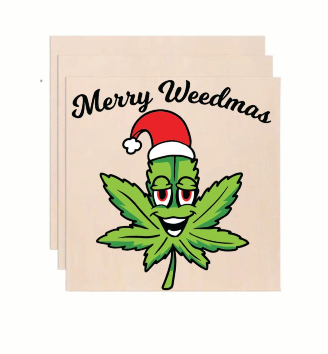 Merry Weedmas Santa Hat Cannabis Leaf Wooden Art Print - Funny Holiday Wall Decor (10x10 Inch)