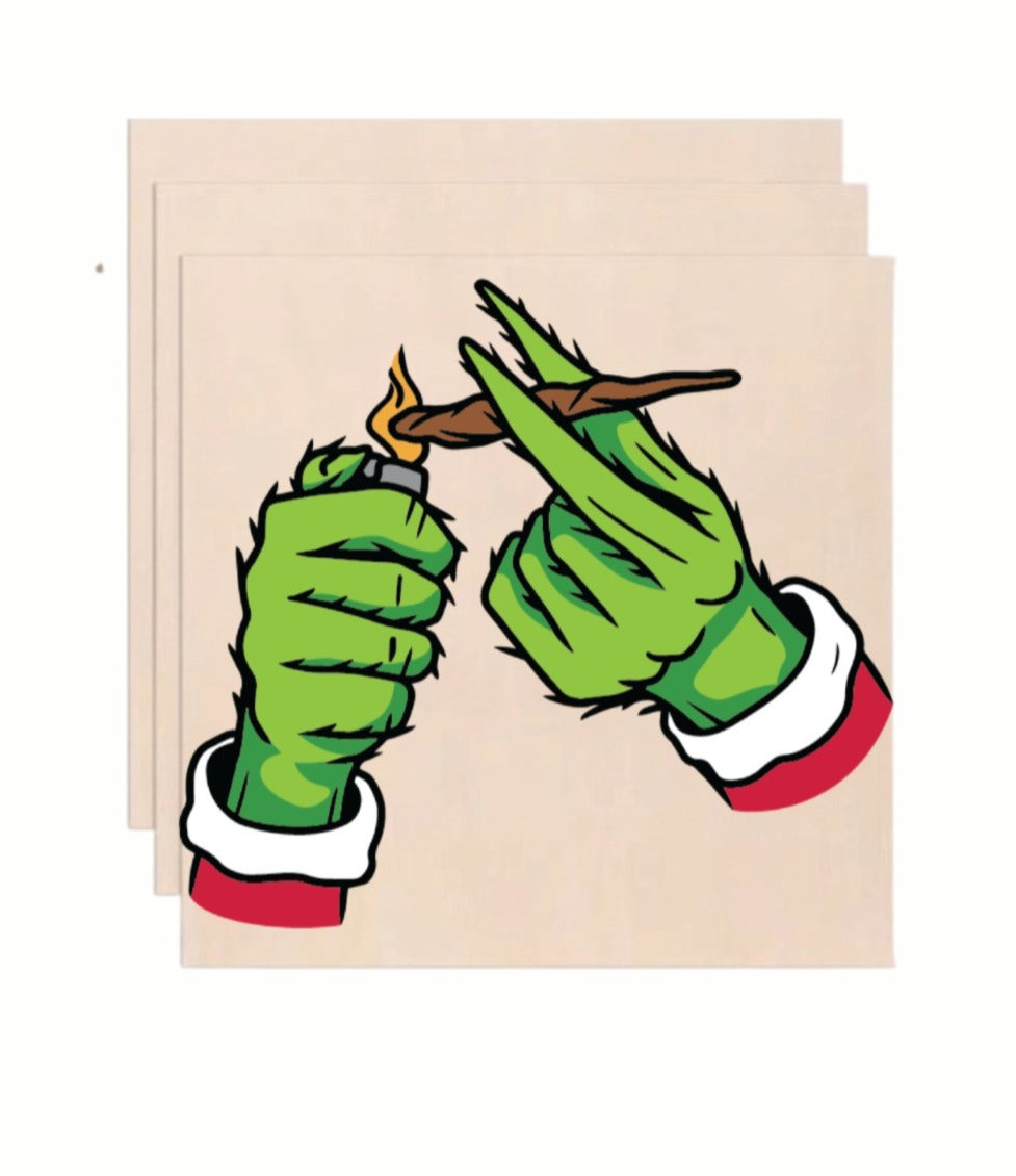 Grinch Hands Lighting Blunt Weedmas Wooden Art Print - Funny Holiday Wall Decor (10x10 Inch)