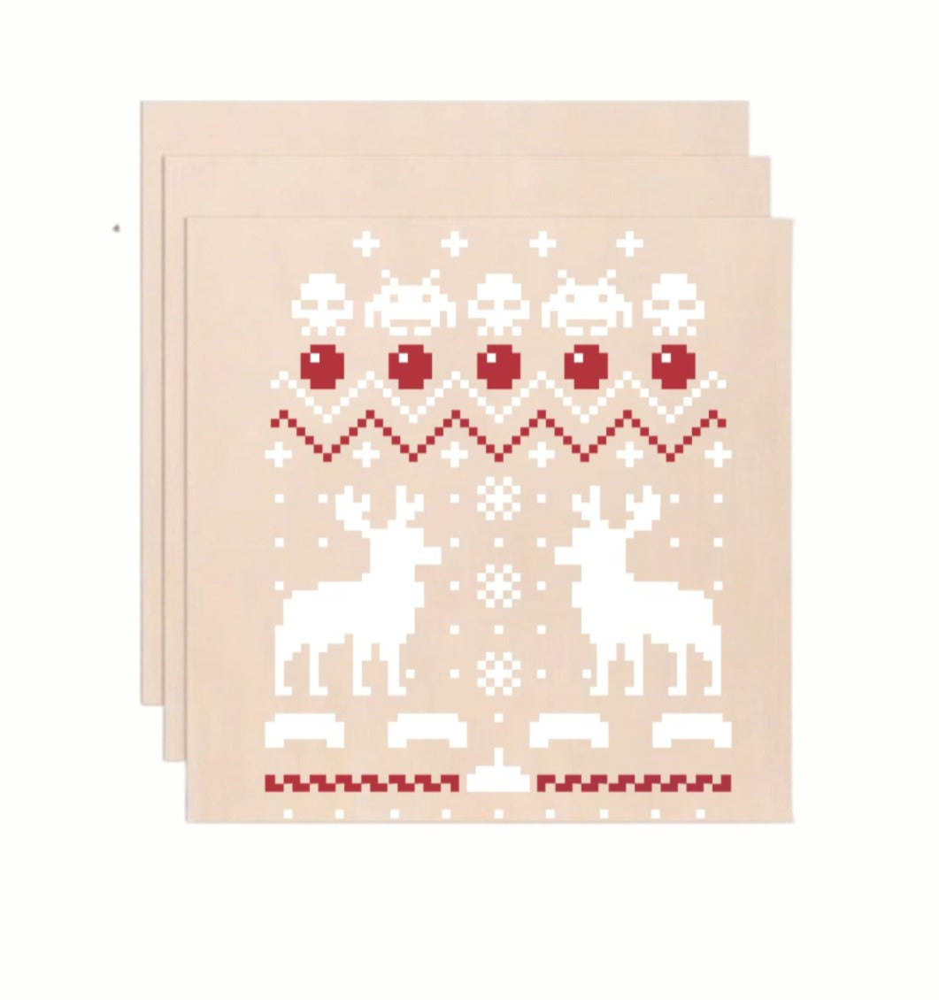 Ugly Christmas Sweater Space Invaders Reindeer Wooden Art Print - Retro Gamer Wall Decor (10x10 Inch)
