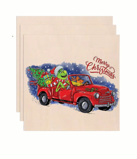 Merry Christmas Grinch Driving Vintage Red Truck Wooden Art Print - Holiday Wall Decor (10x10 Inch)