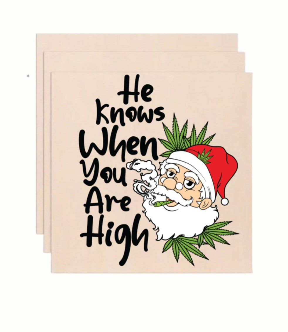 He Knows When You Are High Smoking Santa Weedmas Wooden Art Print - Funny Holiday Wall Decor (10x10 Inch)
