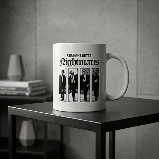 Straight Outta Nightmares Classic Horror Villains Ceramic Coffee Mug - Vintage Black and White Horror Characters Printed Tea Cup for Movie Fans