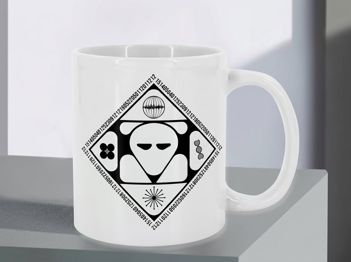 Alien Sacred Geometry Sci-Fi Emblem Ceramic Coffee Mug 11oz Premium White Mystical Graphic Cup