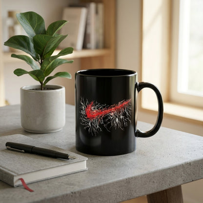 Abstract Flame & Roots Swoosh Glossy Black Ceramic Mug - 11oz