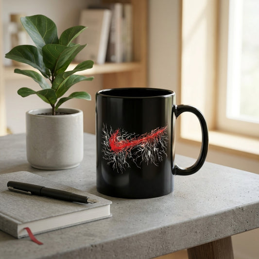 Abstract Flame & Roots Swoosh Glossy Black Ceramic Mug - 11oz