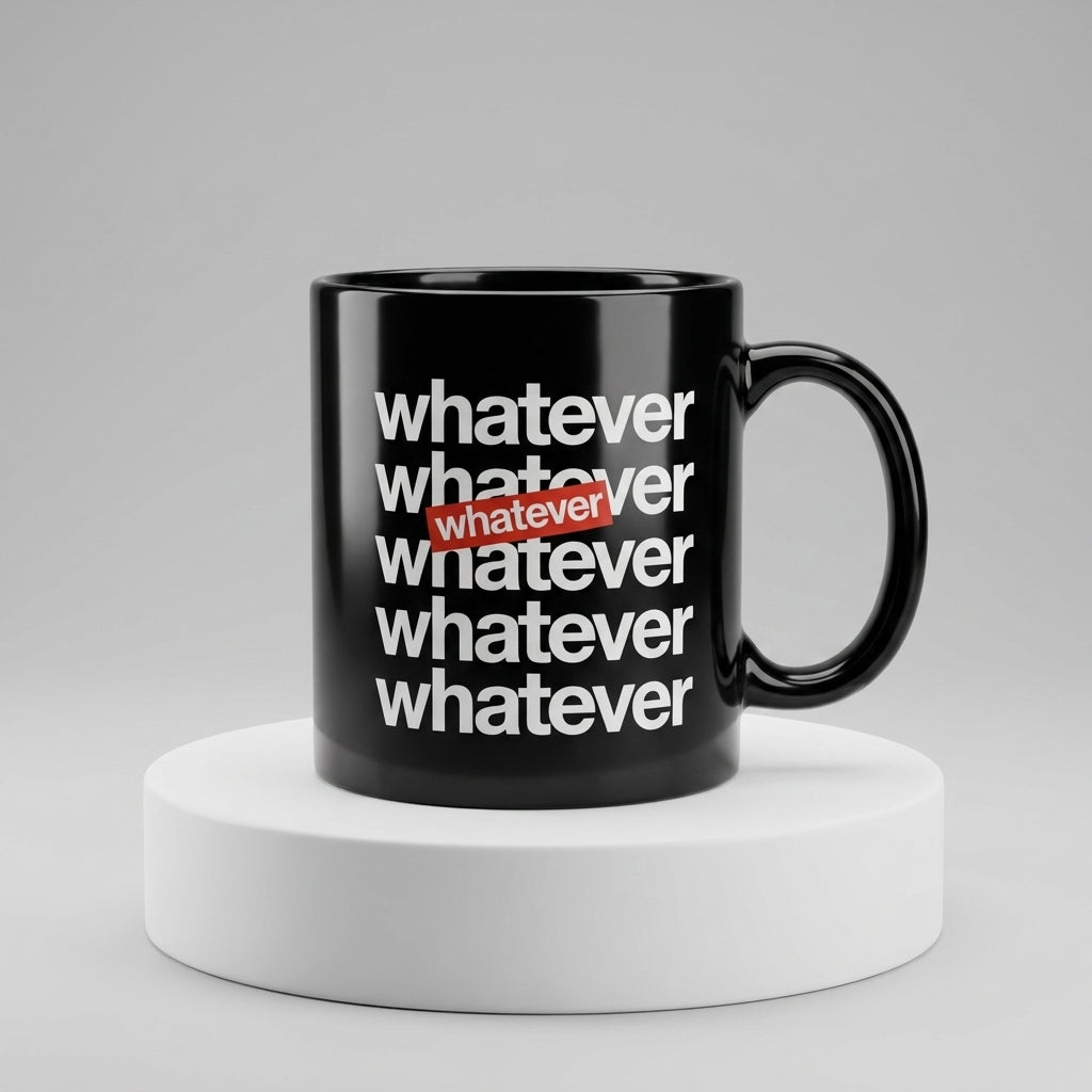 Whatever Typography Repeated Text Glossy Black Ceramic Coffee Mug - Sarcastic Humor Slogan Tea Cup for Office & Daily Use