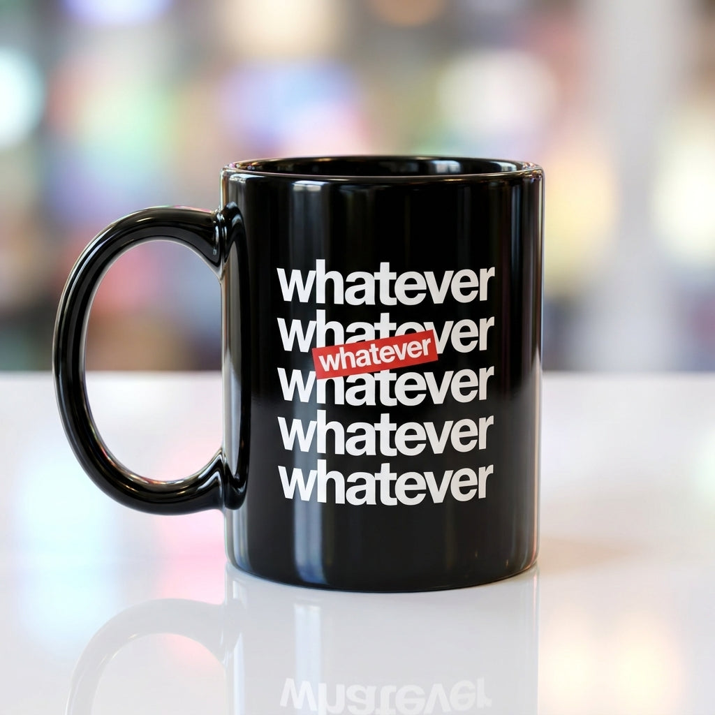 Whatever Typography Repeated Text Glossy Black Ceramic Coffee Mug - Sarcastic Humor Slogan Tea Cup for Office & Daily Use