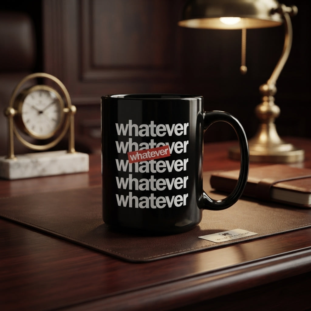 Whatever Typography Repeated Text Glossy Black Ceramic Coffee Mug - Sarcastic Humor Slogan Tea Cup for Office & Daily Use