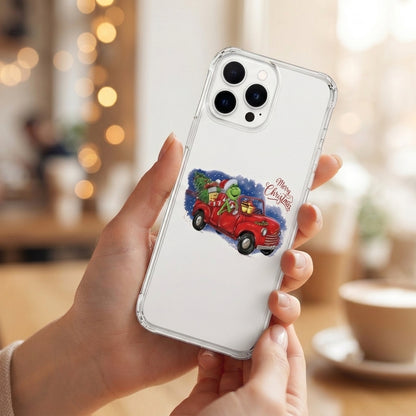 Merry Christmas Grinch Red Truck Graphic Clear Case Festive Holiday Tree Protective Phone Cover for iPhone