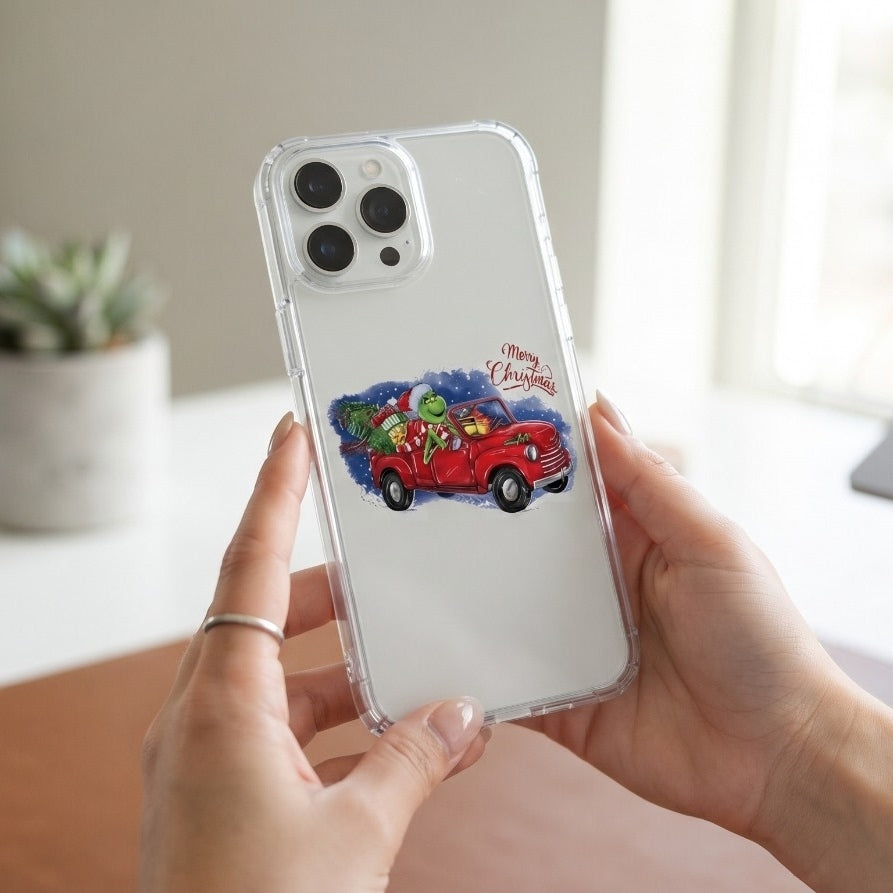 Merry Christmas Grinch Red Truck Graphic Clear Case Festive Holiday Tree Protective Phone Cover for iPhone