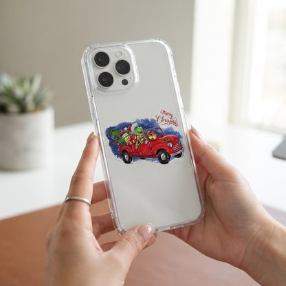 Merry Christmas Grinch Red Truck Graphic Clear Case Festive Holiday Tree Protective Phone Cover for iPhone