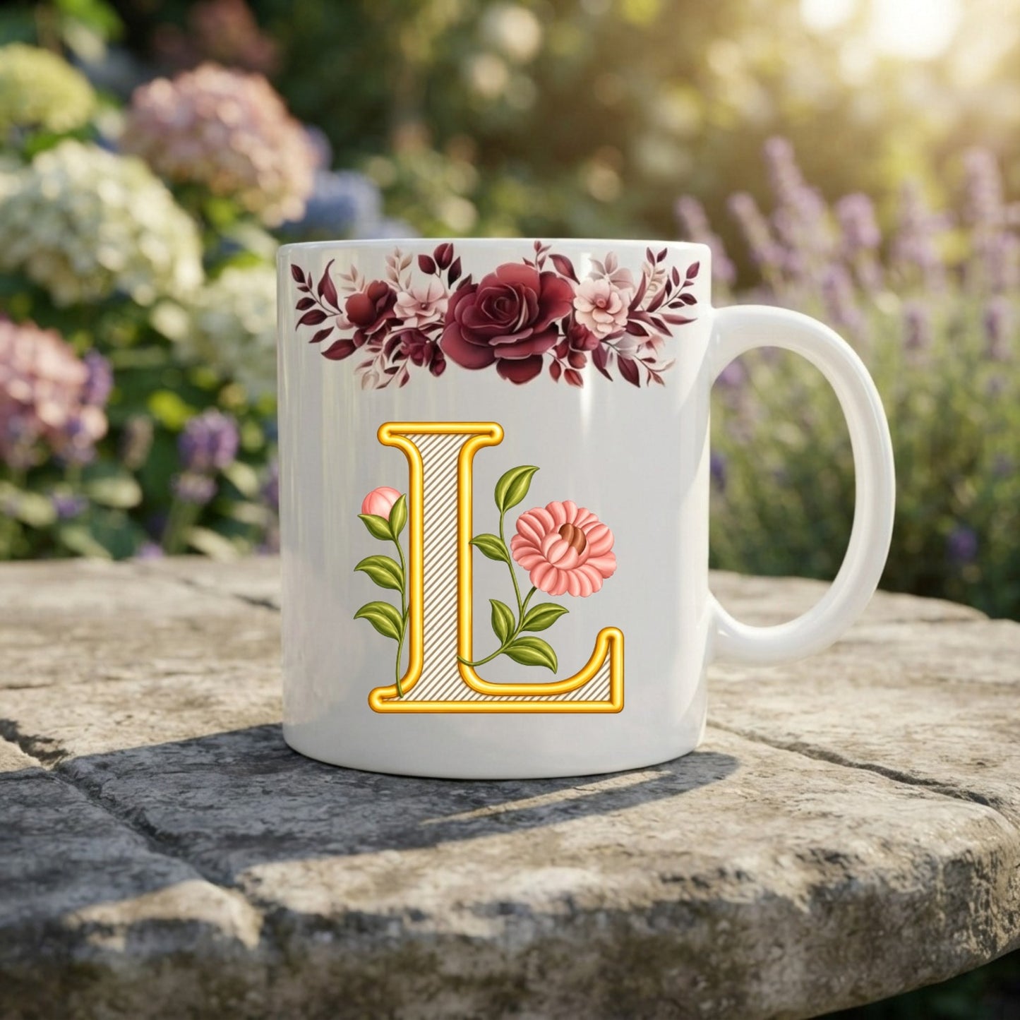 Floral Monogram Initial Mug – Personalized Gold Alphabet Ceramic Coffee Cup (11oz)