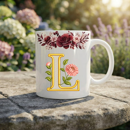 Floral Monogram Initial Mug – Personalized Gold Alphabet Ceramic Coffee Cup (11oz)