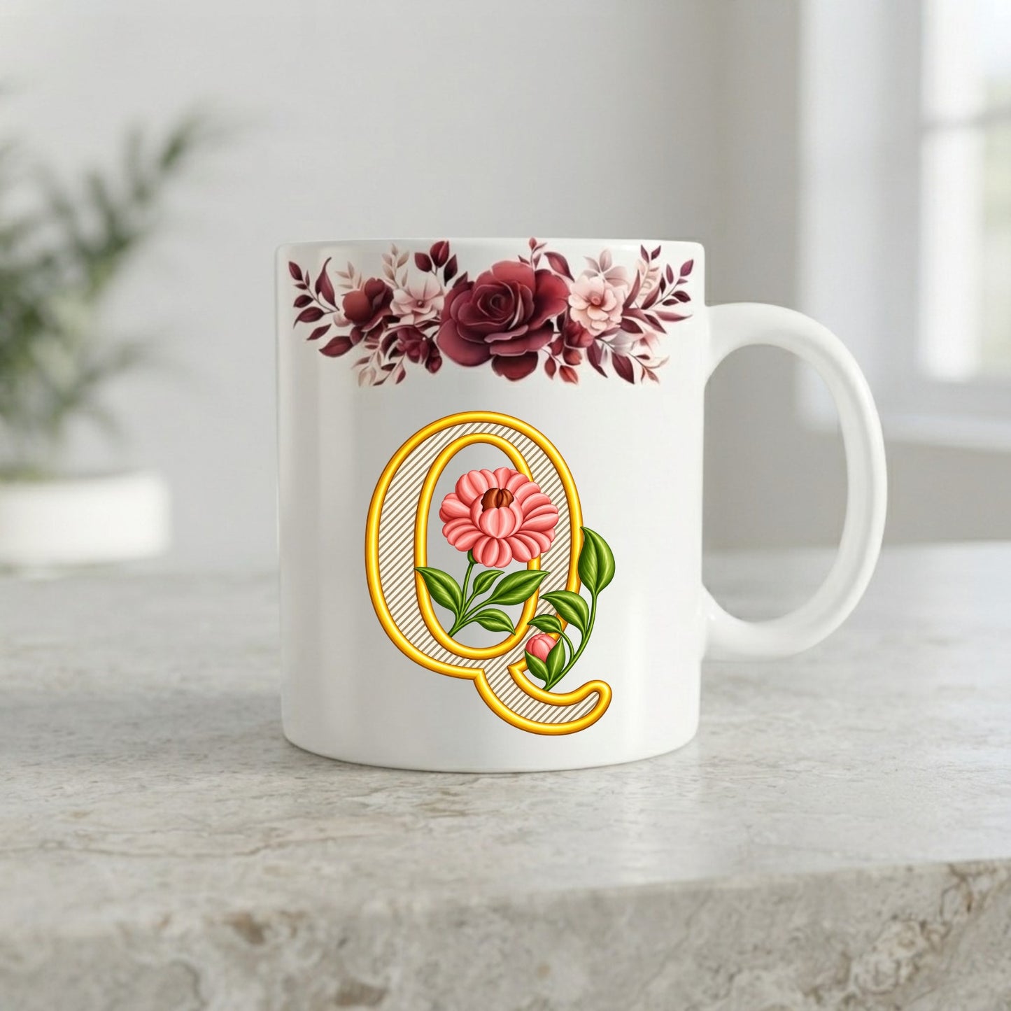 Floral Monogram Initial Mug – Personalized Gold Alphabet Ceramic Coffee Cup (11oz)