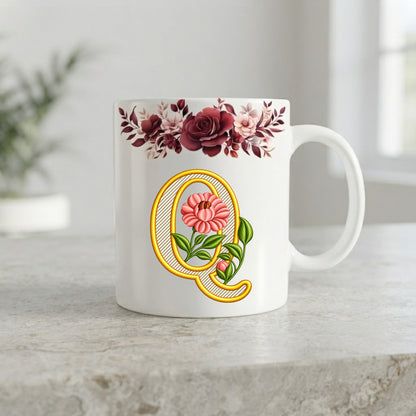 Floral Monogram Initial Mug – Personalized Gold Alphabet Ceramic Coffee Cup (11oz)