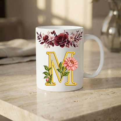 Floral Monogram Initial Mug – Personalized Gold Alphabet Ceramic Coffee Cup (11oz)