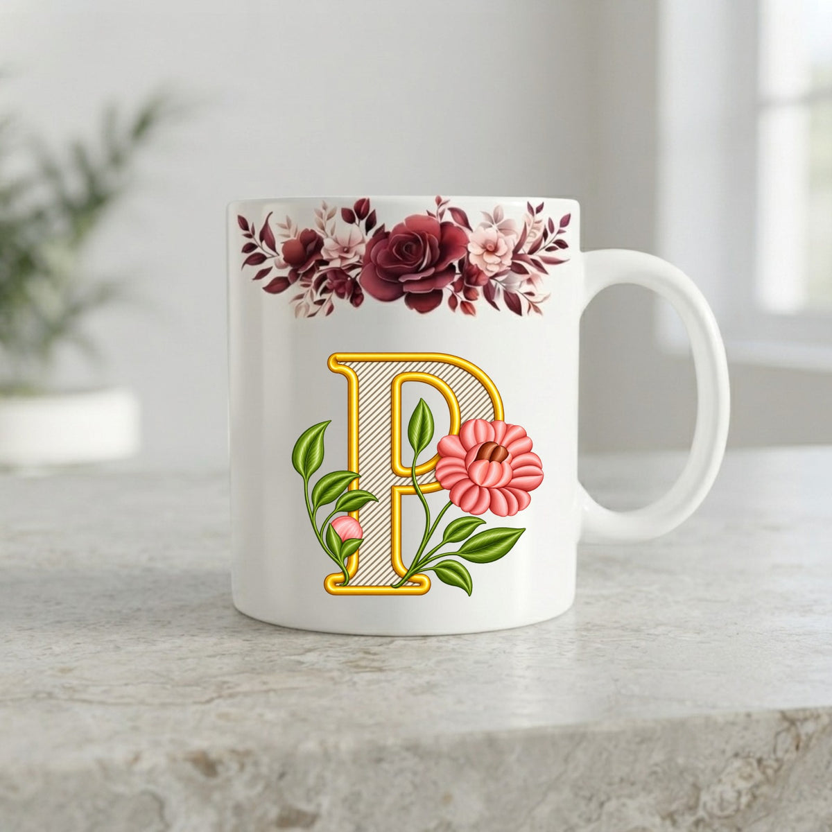 Floral Monogram Initial Mug – Personalized Gold Alphabet Ceramic Coffee Cup (11oz)