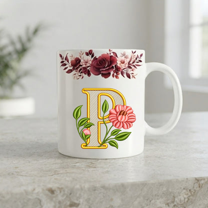 Floral Monogram Initial Mug – Personalized Gold Alphabet Ceramic Coffee Cup (11oz)