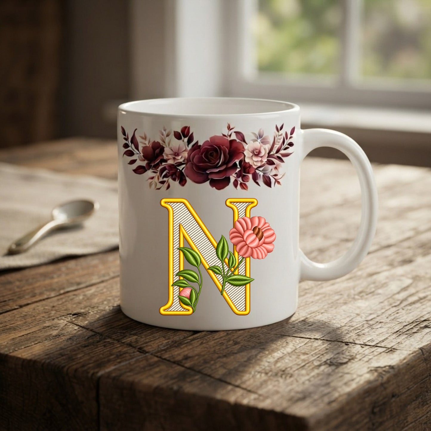 Floral Monogram Initial Mug – Personalized Gold Alphabet Ceramic Coffee Cup (11oz)