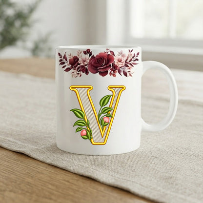 Floral Monogram Initial Mug – Personalized Gold Alphabet Ceramic Coffee Cup (11oz)