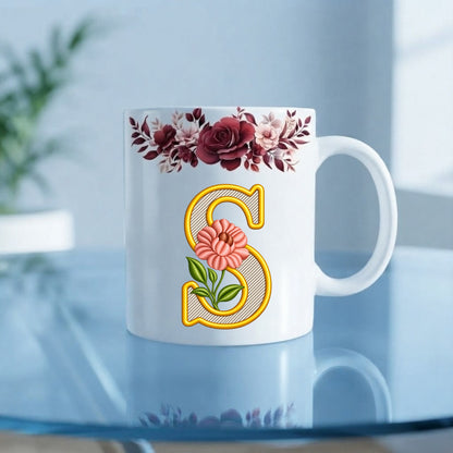 Floral Monogram Initial Mug – Personalized Gold Alphabet Ceramic Coffee Cup (11oz)
