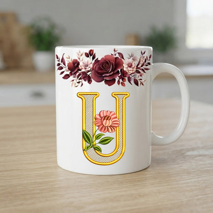 Floral Monogram Initial Mug – Personalized Gold Alphabet Ceramic Coffee Cup (11oz)