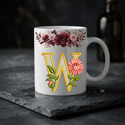 Floral Monogram Initial Mug – Personalized Gold Alphabet Ceramic Coffee Cup (11oz)