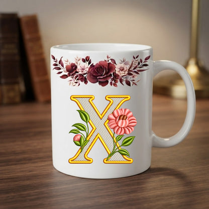 Floral Monogram Initial Mug – Personalized Gold Alphabet Ceramic Coffee Cup (11oz)