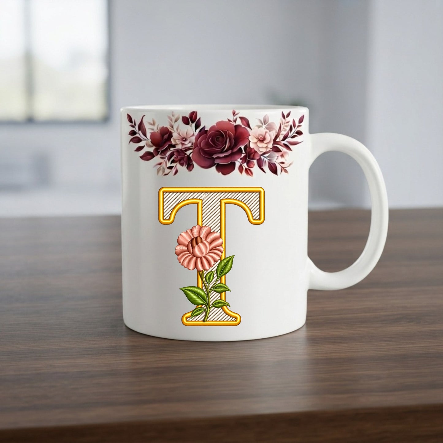 Floral Monogram Initial Mug – Personalized Gold Alphabet Ceramic Coffee Cup (11oz)