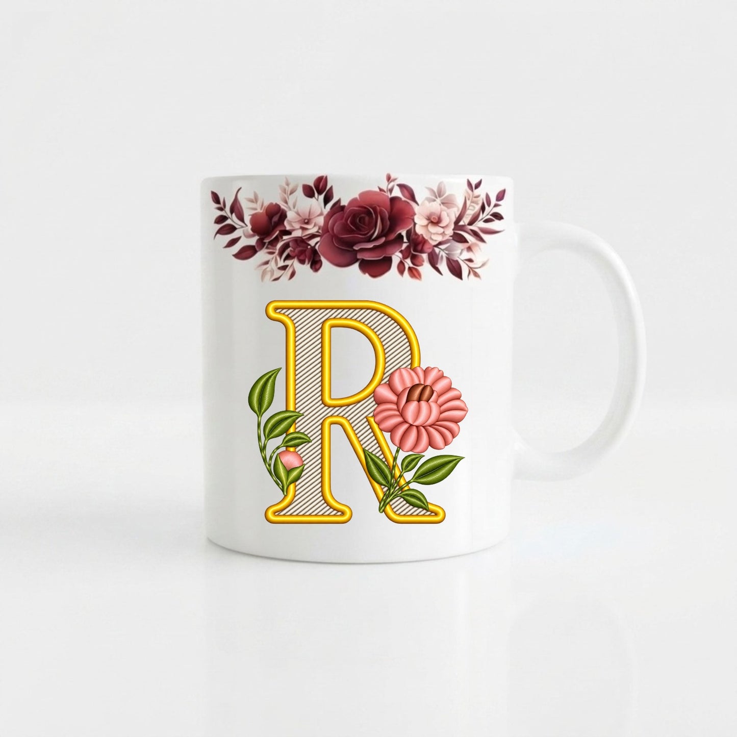 Floral Monogram Initial Mug – Personalized Gold Alphabet Ceramic Coffee Cup (11oz)