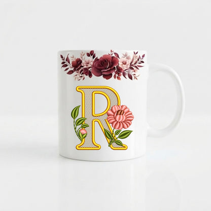 Floral Monogram Initial Mug – Personalized Gold Alphabet Ceramic Coffee Cup (11oz)
