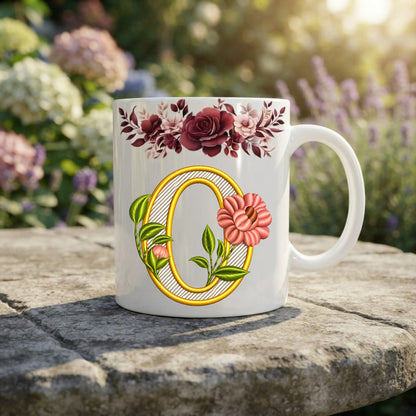 Floral Monogram Initial Mug – Personalized Gold Alphabet Ceramic Coffee Cup (11oz)