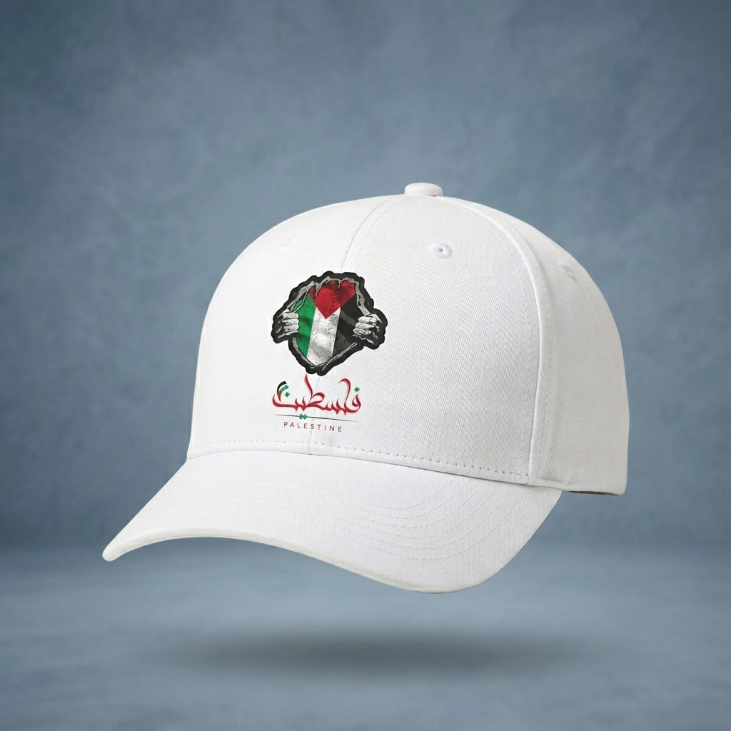 Palestine Flag & Fist Graphic Baseball Cap - Arabic Calligraphy Cap (White)
