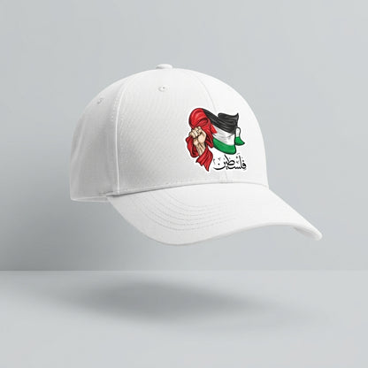 Palestine Flag & Fist Graphic Baseball Cap - Arabic Calligraphy Cap (White)