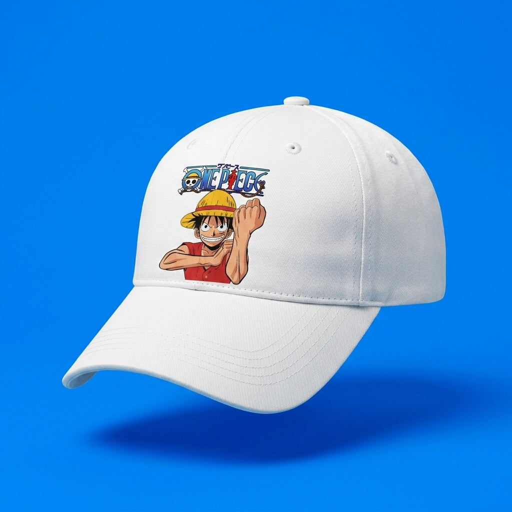 One Piece Monkey D. Luffy Graphic Baseball Cap - Anime Character Cap (White & Black)