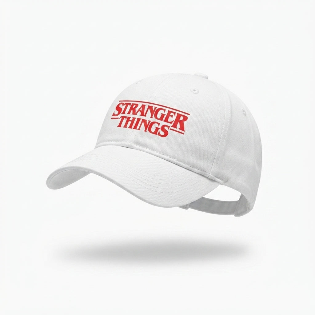 Stranger Things Red Title Logo Graphic Baseball Cap - TV Show Sci-Fi Cap (White & Black)