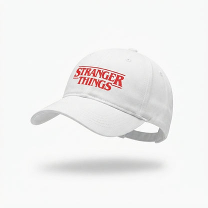 Stranger Things Red Title Logo Graphic Baseball Cap - TV Show Sci-Fi Cap (White & Black)