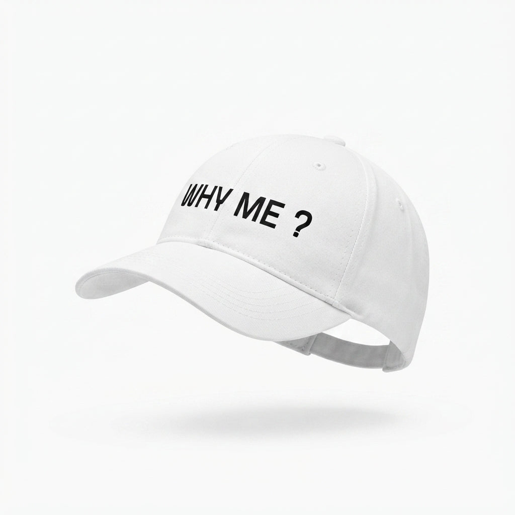 Why Me Question Mark Sarcastic Graphic Baseball Cap - Minimalist Quote Cap (White)