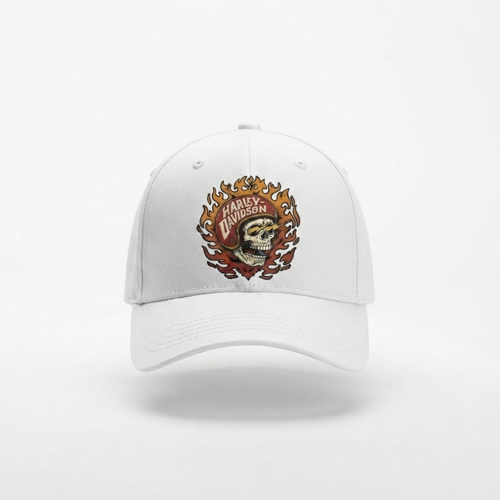 Harley Davidson Flaming Skull Helmet Graphic Baseball Cap - Biker Cap (Black & White)